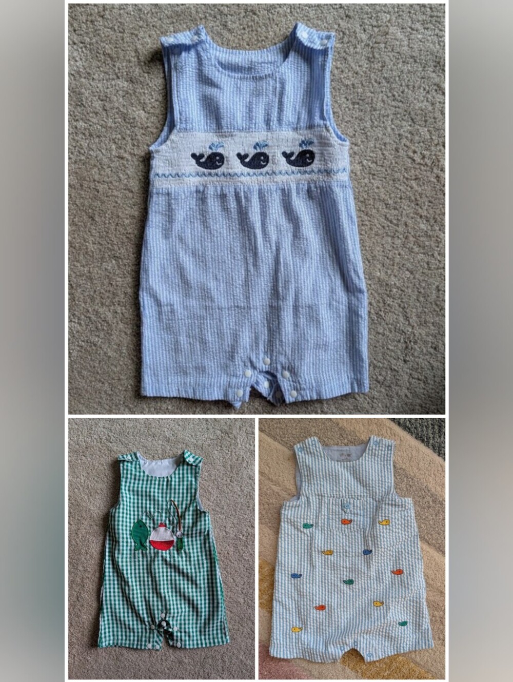 6-12 Month Baby Boys Romper Bundle | Nautical Whale Fishing Overall Shortalls 12